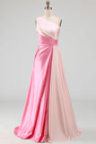 One Shoulder Pink Ruched A Line Formal Dress