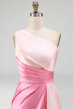 One Shoulder Pink Ruched A Line Formal Dress