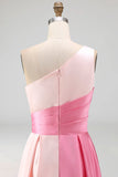 One Shoulder Pink Ruched A Line Formal Dress
