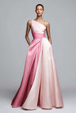 One Shoulder Pink Ruched A Line Formal Dress