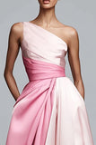 One Shoulder Pink Ruched A Line Formal Dress