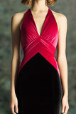 Black and Fuchsia Mermaid Velvet Halter Long Formal Dress