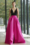 Sparkly Black and Fuchsia Satin Deep V-Neck A-Line Long Formal Dress with Pockets