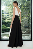Black and White Patchwork V-Neck A Line Long Formal Dress