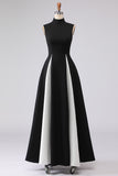 Black and White Plus Size A-Line High Neck Long Formal Dress with Pockets