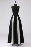 Black and White Plus Size A-Line High Neck Long Formal Dress with Pockets