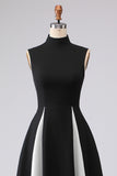 Black and White Plus Size A-Line High Neck Long Formal Dress with Pockets