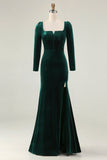 Dark Green Mermaid Square Neck Velvet Formal Dress with Long Sleeves