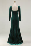 Dark Green Mermaid Square Neck Velvet Formal Dress with Long Sleeves