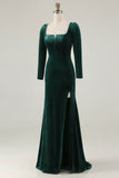 Dark Green Mermaid Square Neck Velvet Formal Dress with Long Sleeves