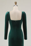Dark Green Mermaid Square Neck Velvet Formal Dress with Long Sleeves