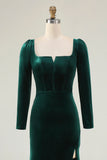 Dark Green Mermaid Square Neck Velvet Formal Dress with Long Sleeves