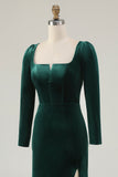 Dark Green Mermaid Square Neck Velvet Formal Dress with Long Sleeves