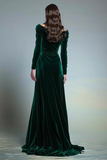 Dark Green Sheath Velvet Boat Neck Long Sleeve Formal Dress