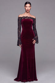 Burgundy Velvet Mermaid Long Sleeves Formal Dress with Lace