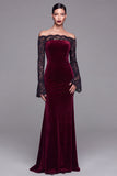 Burgundy Velvet Mermaid Long Sleeves Formal Dress with Lace