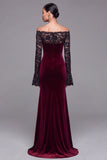 Burgundy Velvet Mermaid Long Sleeves Formal Dress with Lace