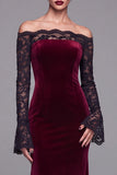 Burgundy Velvet Mermaid Long Sleeves Formal Dress with Lace