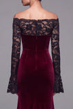Burgundy Velvet Mermaid Long Sleeves Formal Dress with Lace