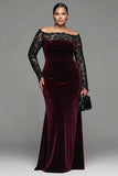 Burgundy Velvet Mermaid Long Sleeve Formal Dress with Lace