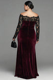 Burgundy Velvet Mermaid Long Sleeve Formal Dress with Lace
