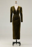 Velvet Sheath Olive V-Neck Ruched Choir Dress with slit