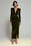 Velvet Sheath Olive V-Neck Ruched Choir Dress with slit