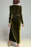 Olive V Neck Sheath Ruched Velvet Long Formal Dress with Slit