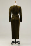 Velvet Sheath Olive V-Neck Ruched Choir Dress with slit
