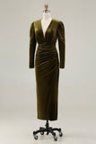 Olive V Neck Sheath Ruched Velvet Long Formal Dress with Slit