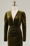 Olive V Neck Sheath Ruched Velvet Long Formal Dress with Slit
