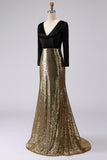 Sparkly Gold and Black V-Neck Sheath Long Formal Dress