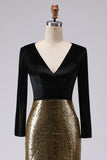 Sparkly Gold and Black V-Neck Sheath Long Formal Dress