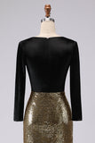Sparkly Gold and Black V-Neck Sheath Long Formal Dress with Sleeve