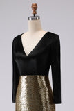 Sparkly Gold and Black V-Neck Sheath Long Formal Dress