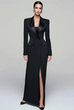 Black Peak Lapel Double Breasted Women's Blazer Dress with Slit