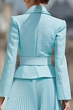 Light Blue 2 Piece A Line Notched Lapel Pleated Work Dress