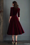 Burgundy A Line Velvet V-Neck Work Dress with Half Sleeves