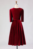 Burgundy A Line Velvet V-Neck Work Dress with Half Sleeves