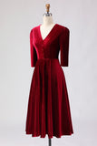 Burgundy Velvet A Line V-Neck Midi Work Dress with Half Sleeves