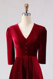 Burgundy A Line Velvet V-Neck Work Dress with Half Sleeves