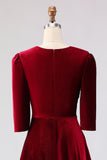 Burgundy Velvet A Line V-Neck Midi Work Dress with Half Sleeves