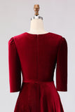 Burgundy A Line Velvet V-Neck Work Dress with Half Sleeves