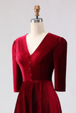 Burgundy A Line Velvet V-Neck Work Dress with Half Sleeves