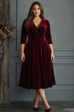 Burgundy Velvet A Line V-Neck Midi Work Dress with Half Sleeves