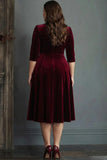 Burgundy Velvet A Line V-Neck Midi Work Dress with Half Sleeves