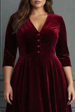 Plus Size Burgundy Velvet A Line V-Neck Midi Work Dress with Half Sleeves