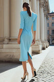Light Blue Bodycon Half Sleeves Pleated Midi Work Dress