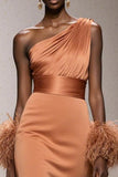 Orange One Shoulder Satin Mermaid Long Pageant Dress with Feathers