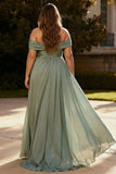 Dusty Sage One Shoulder Pleated A Line Long Plus Size Formal Dress